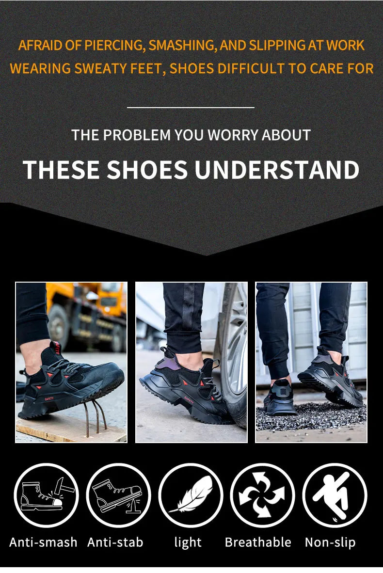Men's Work Safety Shoes Steel Toe Construction Boots Sneakers Breathable Lightweight Indestructible Industry Shoes Male Footwear