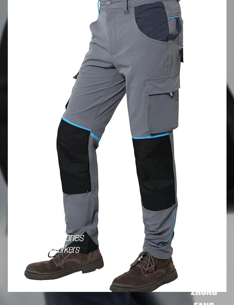 High-stretch Work Pants Multi Pockets Cargo Work Trousers Men with Reflective Stripes Hi Vis Workwear Pants with Knee Pads