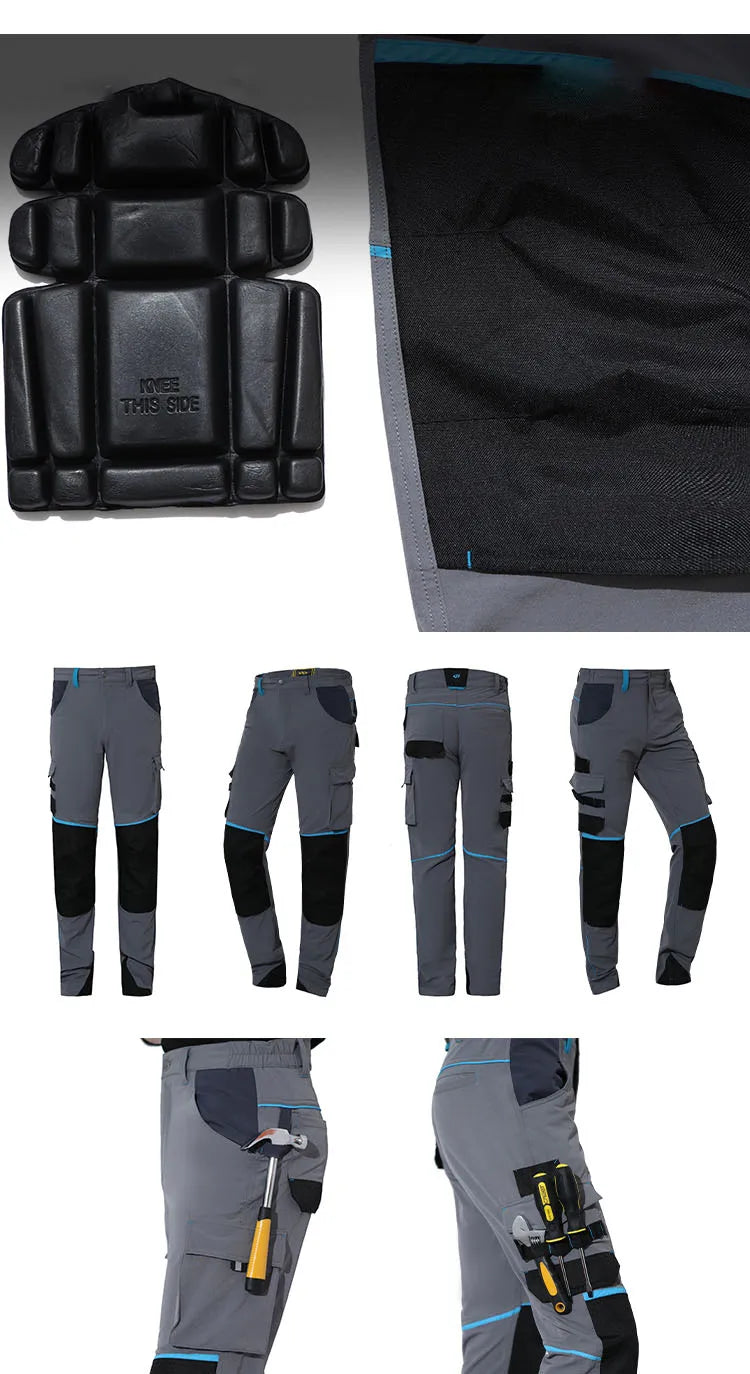 High-stretch Work Pants Multi Pockets Cargo Work Trousers Men with Reflective Stripes Hi Vis Workwear Pants with Knee Pads