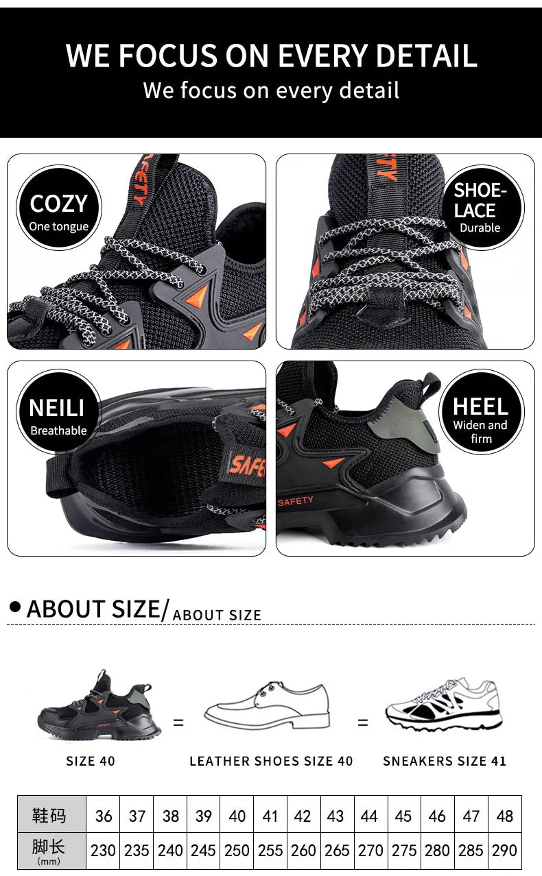 Men's Work Safety Shoes Steel Toe Construction Boots Sneakers Breathable Lightweight Indestructible Industry Shoes Male Footwear