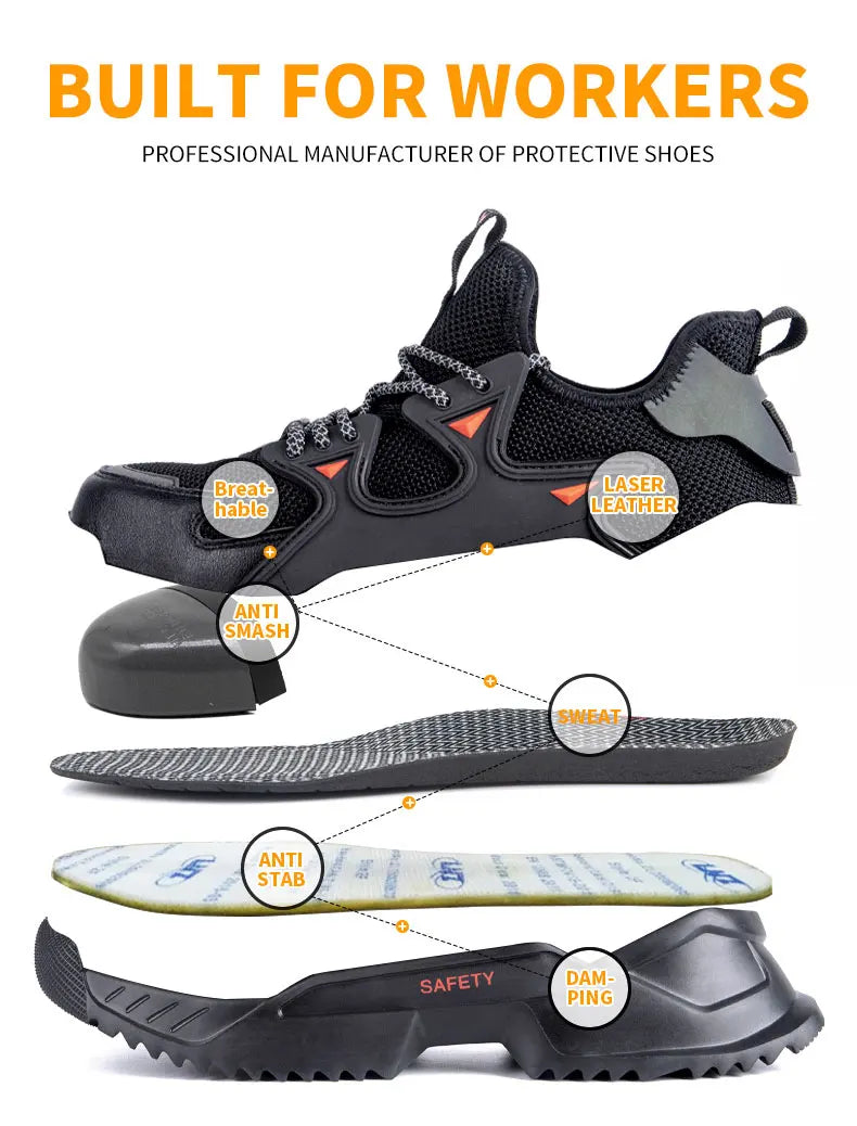 Men's Work Safety Shoes Steel Toe Construction Boots Sneakers Breathable Lightweight Indestructible Industry Shoes Male Footwear