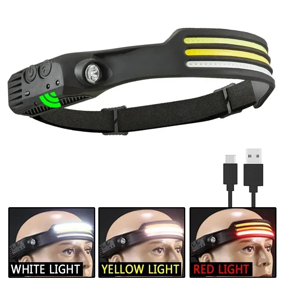 Outdoor Head Lamp with 230 Degree Wide Beam 5 Lighting Modes Motion Sensor IPX4 Waterproof Rechargeable Design Jogging Fishing