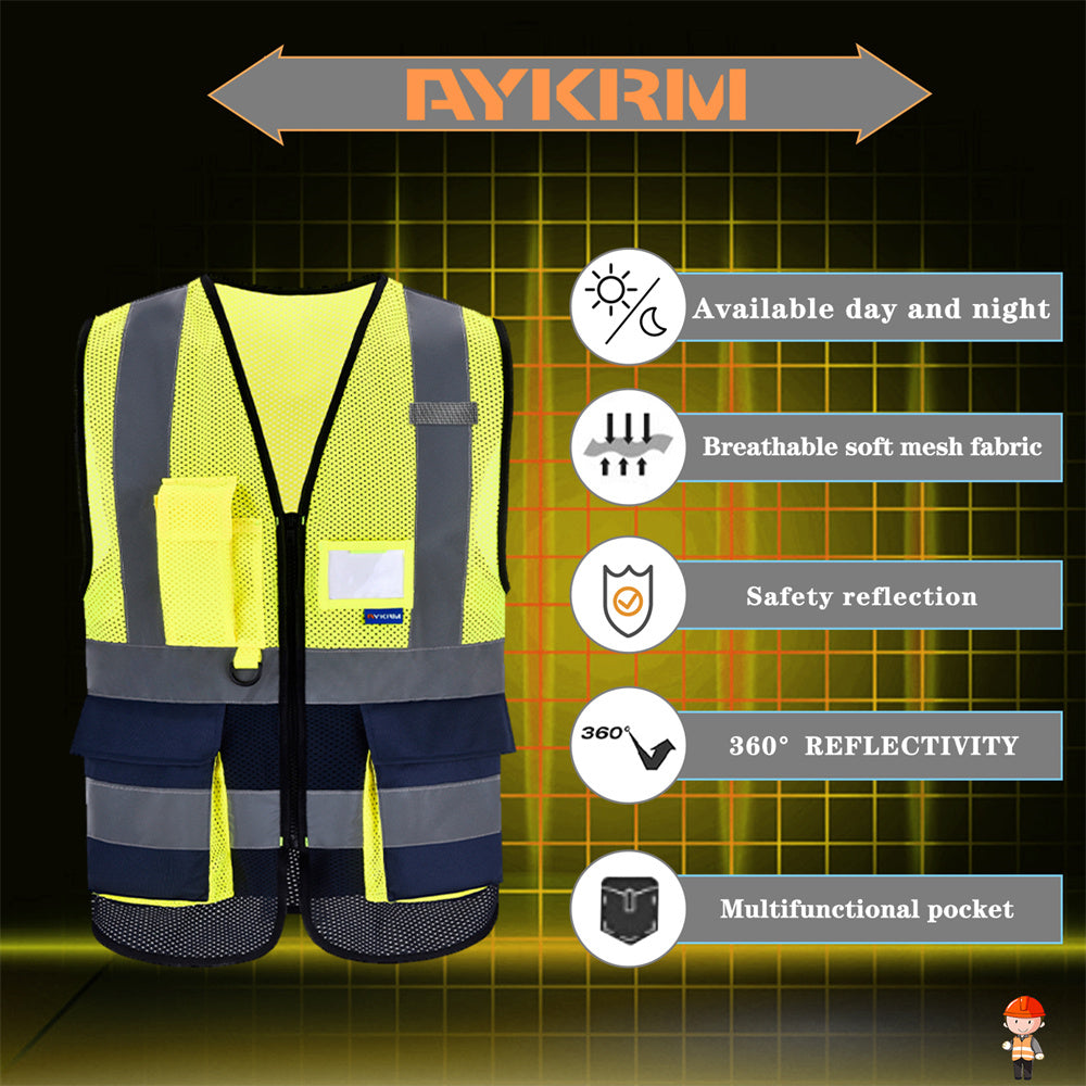 AYKRM High Visibility Reflective Vest  Safety Zip Pocket Hi Viz Security Waistcoats Multi Customized Logo Construction