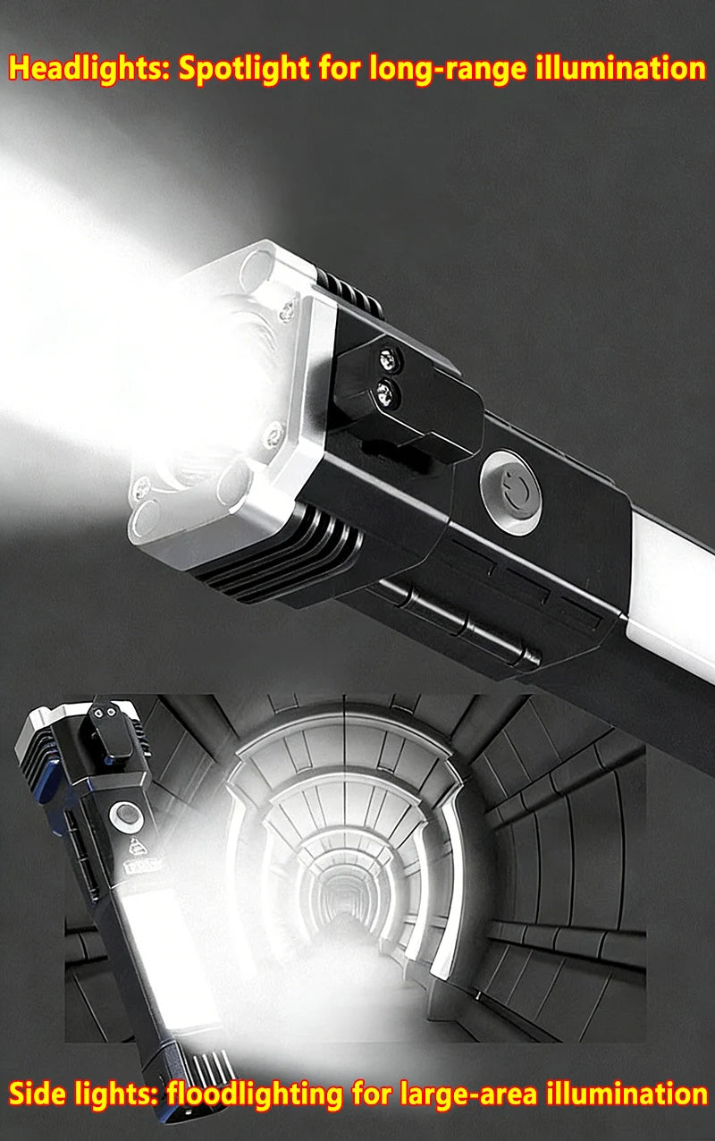 Led Flashlight with Safety Hammer Work Light Emergency Self-Rescue Broken Window Torch USB Rechargeable Tactical Light Lantern