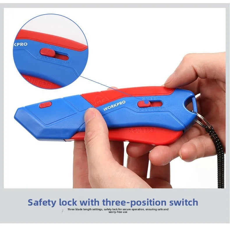 WORKPRO New Safety Cutter with Sheath & Lanyard, Self-Retracting Utility Knife, Compact Box Cutter, W013019