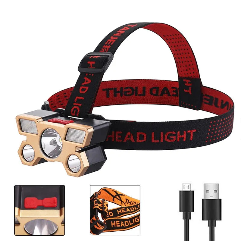 USB Rechargeable Led Five-Head Headlamp Super Bright 18650 Built-in Battery Headlight Portable Head Flashlight Fishing Lantern