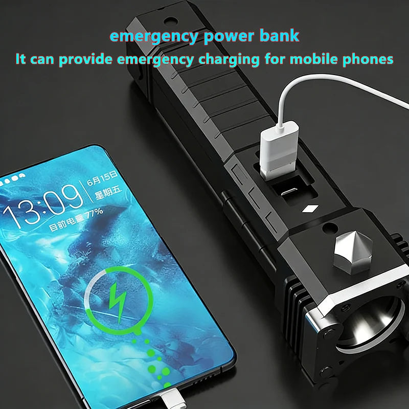Led Flashlight with Safety Hammer Work Light Emergency Self-Rescue Broken Window Torch USB Rechargeable Tactical Light Lantern
