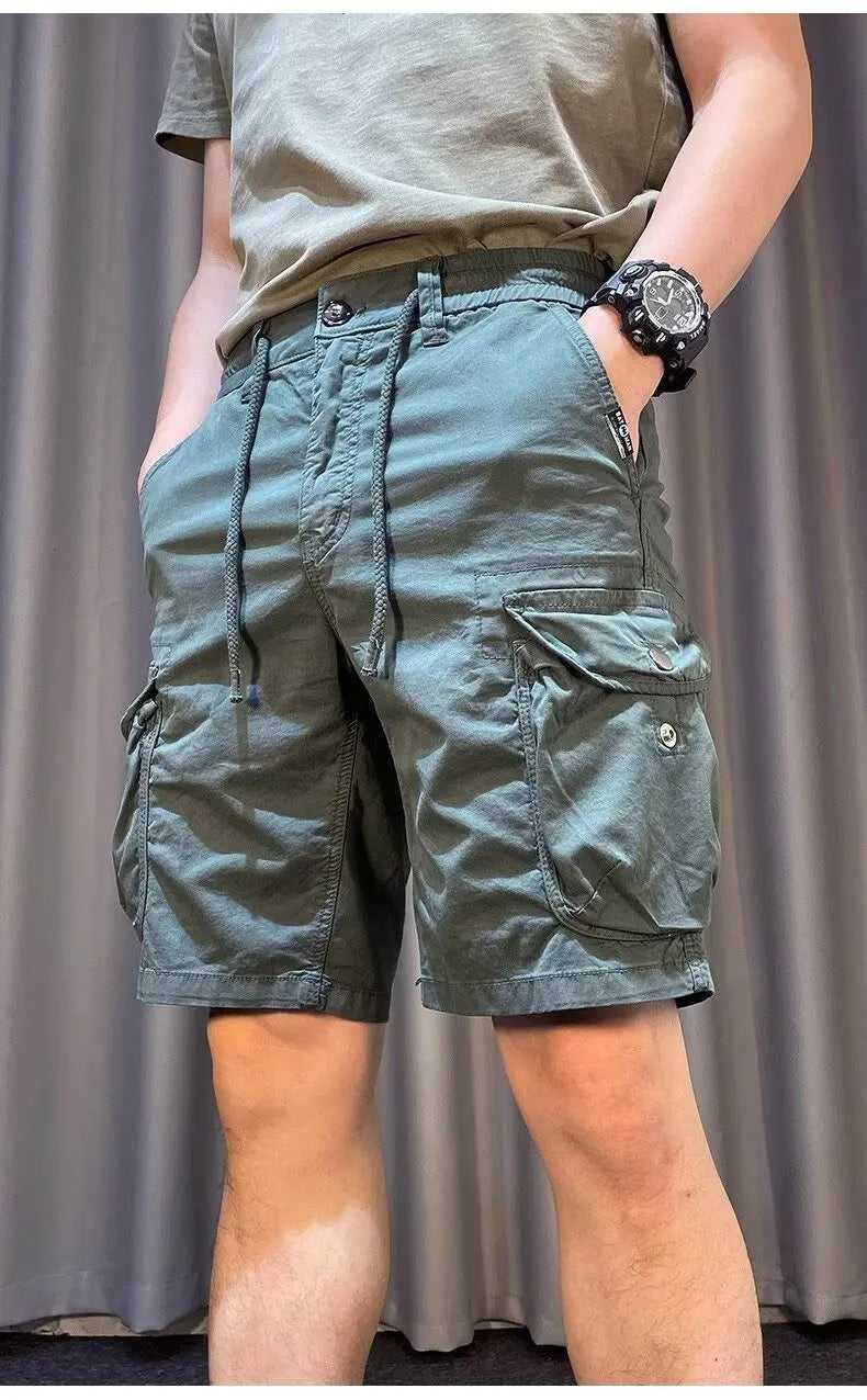 Men Cargo Shorts Drawstring Multi-Pocket Casual Loose Bermuda Shorts Summer Streetwear Cotton Blend Outdoor Hiking Short Pants