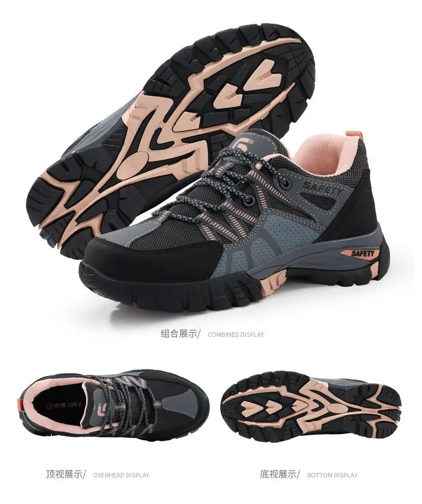 Safety Shoes for Women,Lightweight Non Slip Work Shoes,Air Cushion Safety Sneakers for Work and Daily Wear Black/Pink