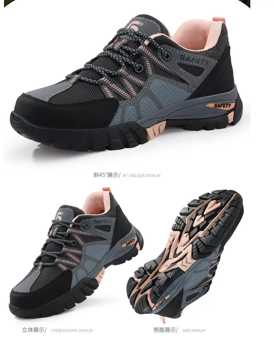 Safety Shoes for Women,Lightweight Non Slip Work Shoes,Air Cushion Safety Sneakers for Work and Daily Wear Black/Pink