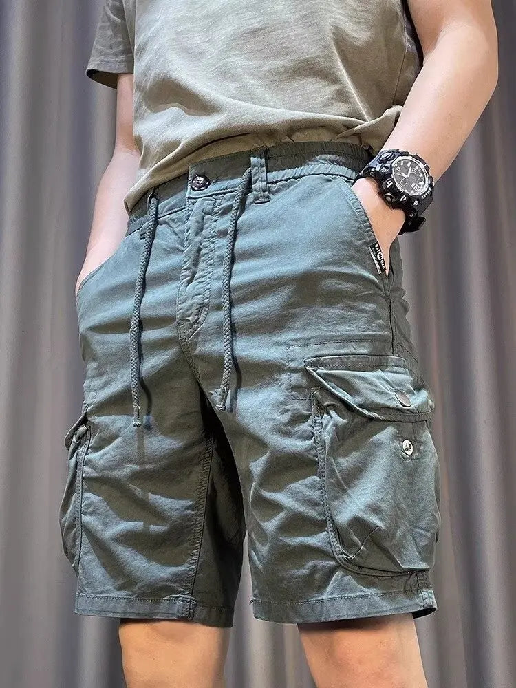 Men Cargo Shorts Drawstring Multi-Pocket Casual Loose Bermuda Shorts Summer Streetwear Cotton Blend Outdoor Hiking Short Pants