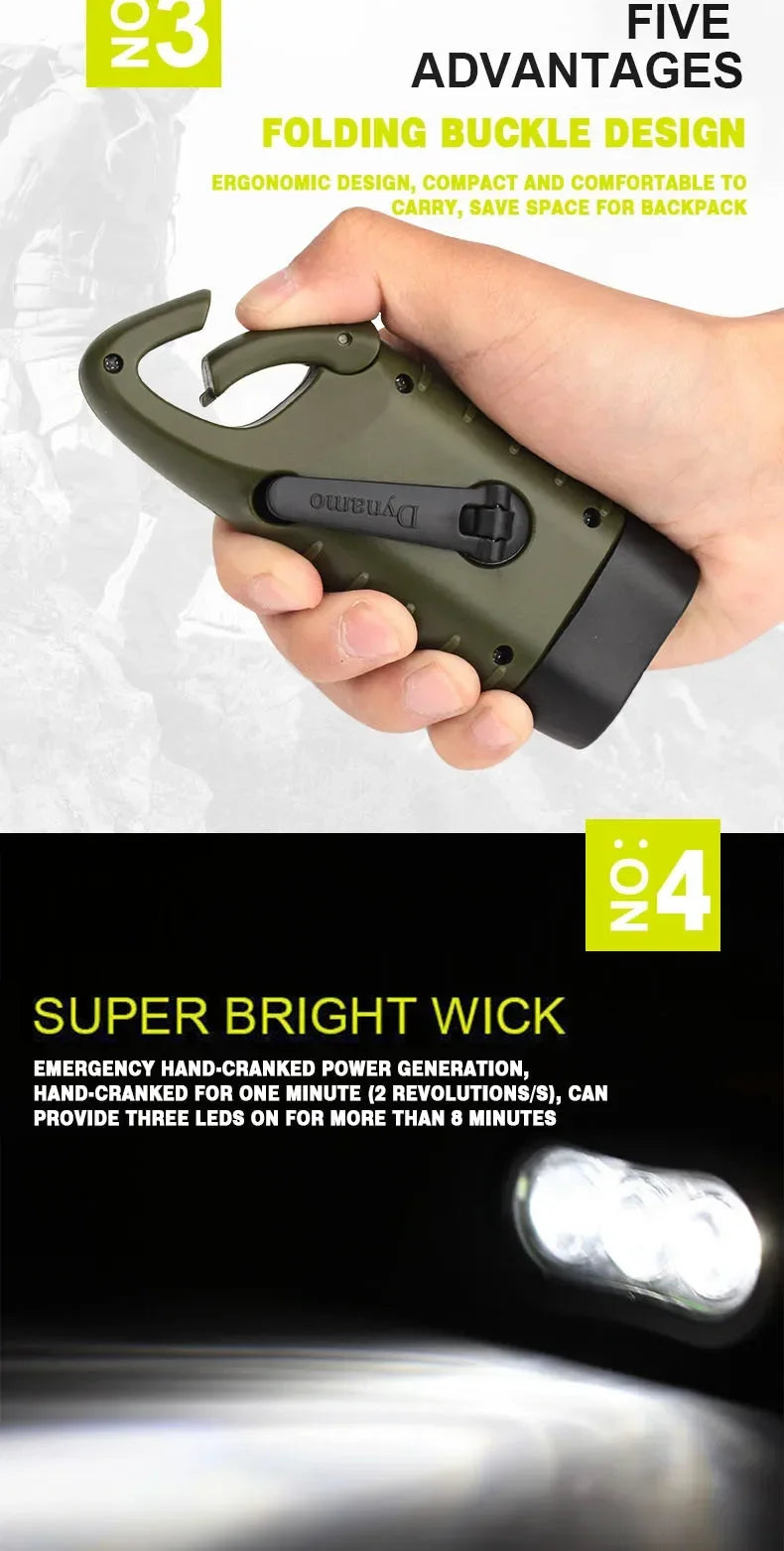 LED Flashlight Hand Crank Solar Powered Rechargeable Survival Gear Self Powered Charging Torch Dynamo for Fishing Boating Hiking