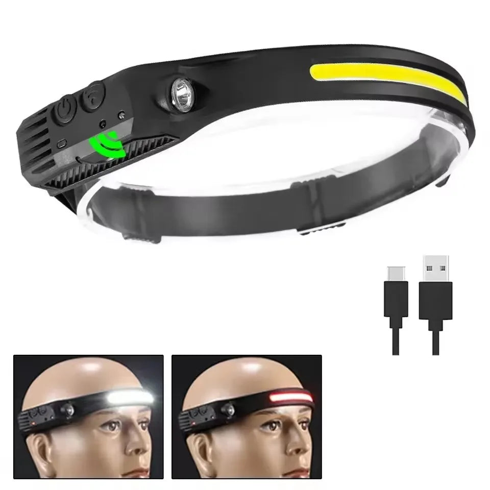 Outdoor Head Lamp with 230 Degree Wide Beam 5 Lighting Modes Motion Sensor IPX4 Waterproof Rechargeable Design Jogging Fishing