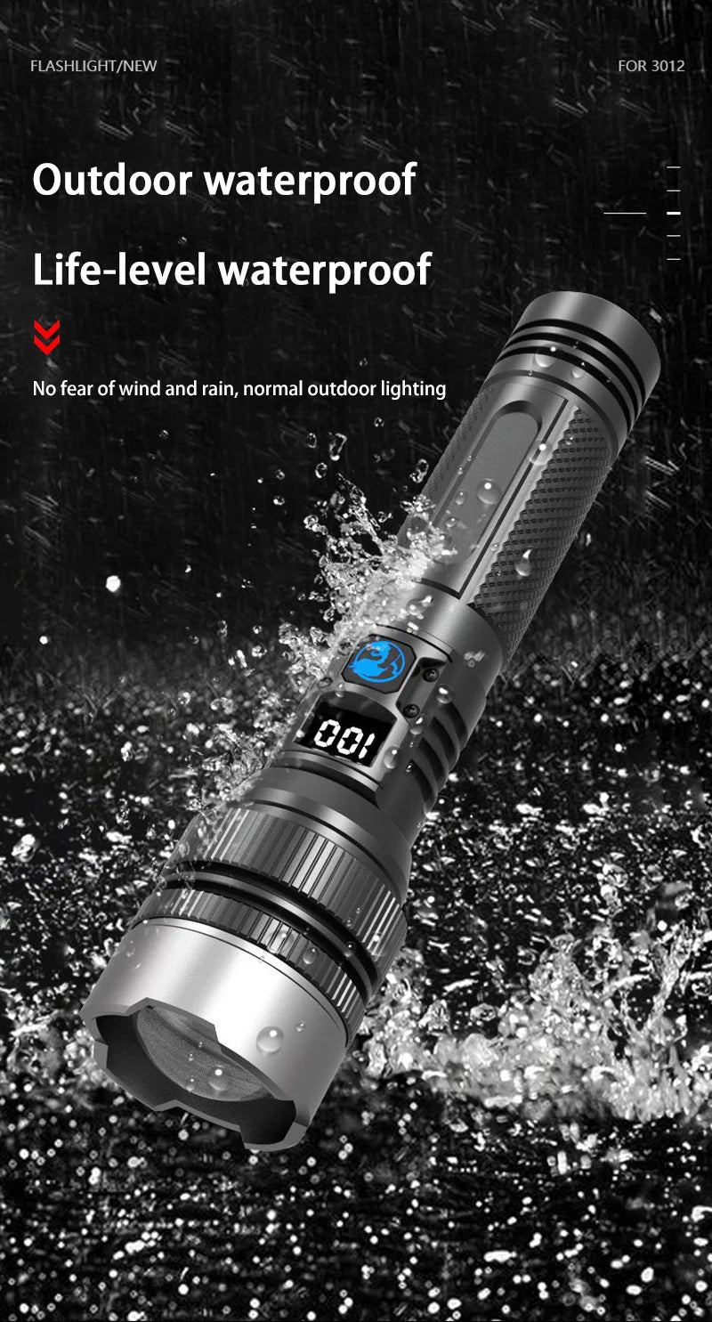 LED Display Laser Flashlight Super Bright Type-C Rechargeable IPX8 Waterproof Long Lasting Camping Emergency Flashlight