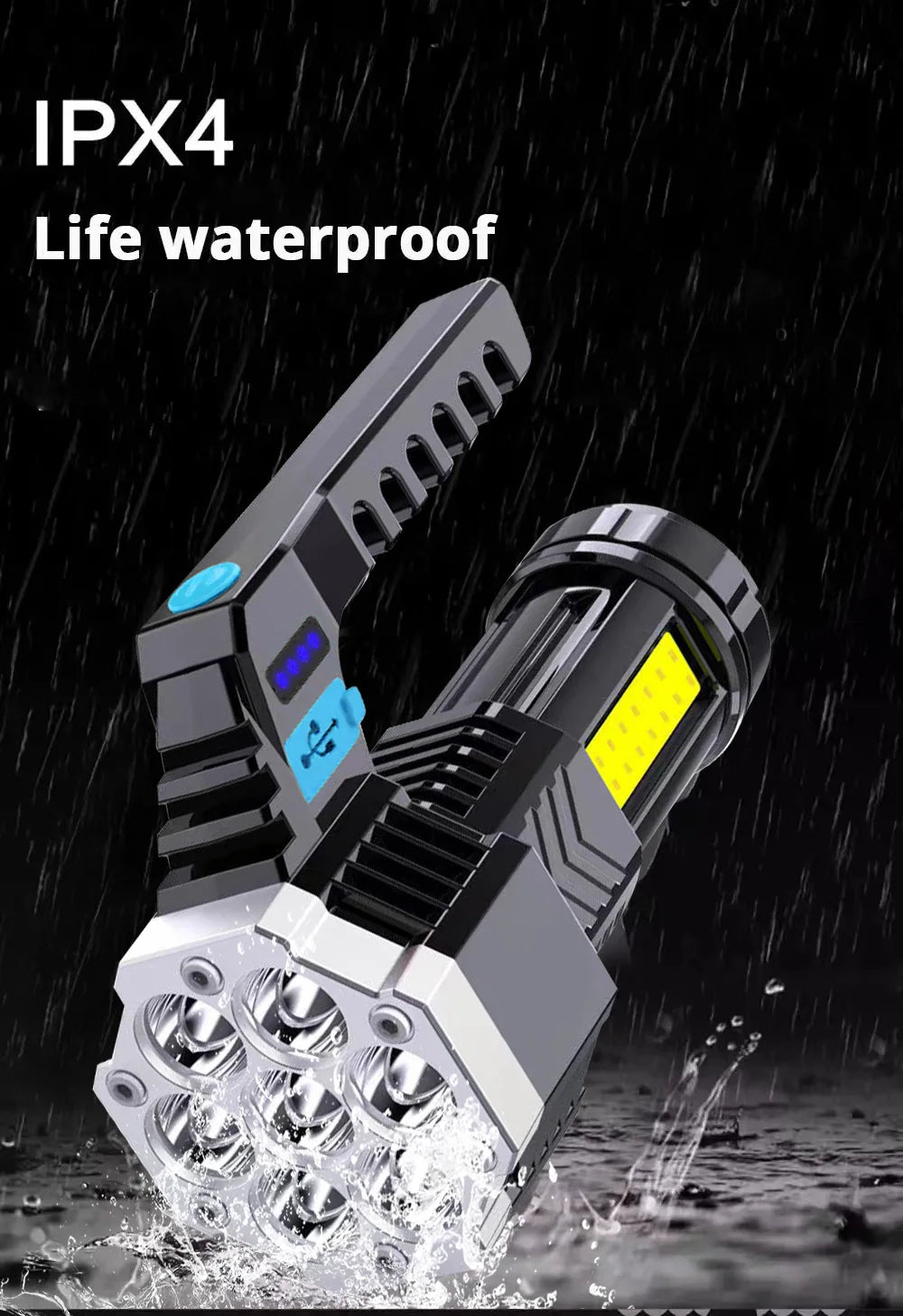 7LED Flashlight 4 Lighting Mode IPX4 Waterproof 4-Level Brightness Adjustable with Power Indicator for Hiking Emergency Survival