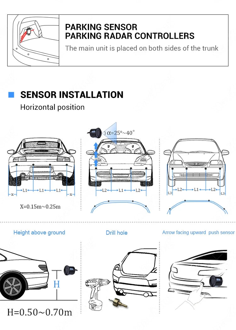 Car Reverse Radar Kit 12VDC Vehicle Parking Sensor System 4 Sensors Backup Assist System with LED Distance Display Sound Warning