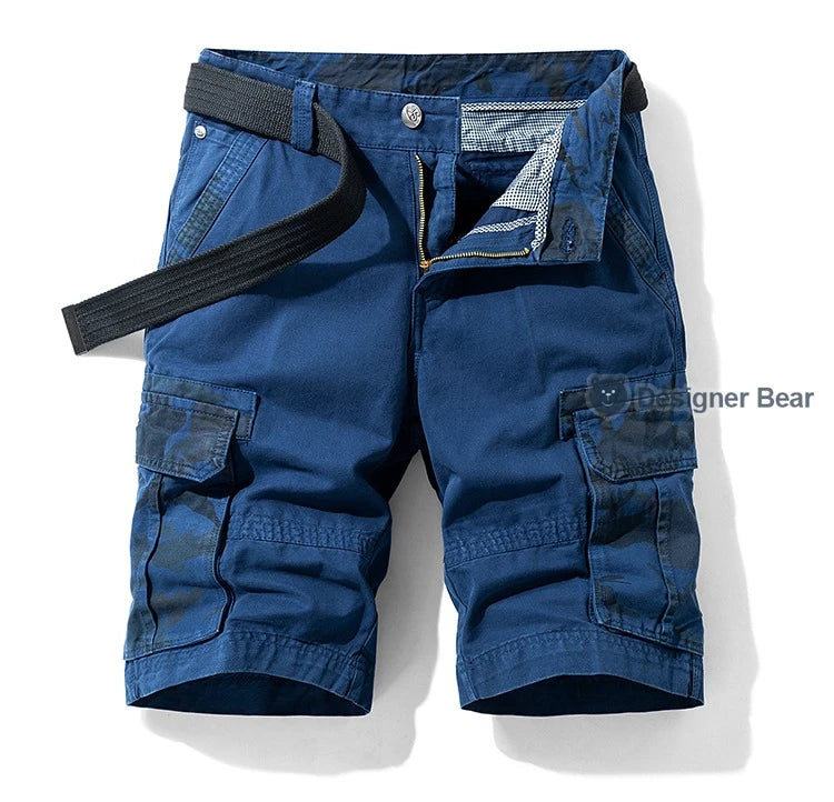 Summer Men's Cargo Shorts Baggy Straight Knee Length Pants Multi-Pocket Khaki Work 100%Cotton Camouflage Twill Short Belt Gift