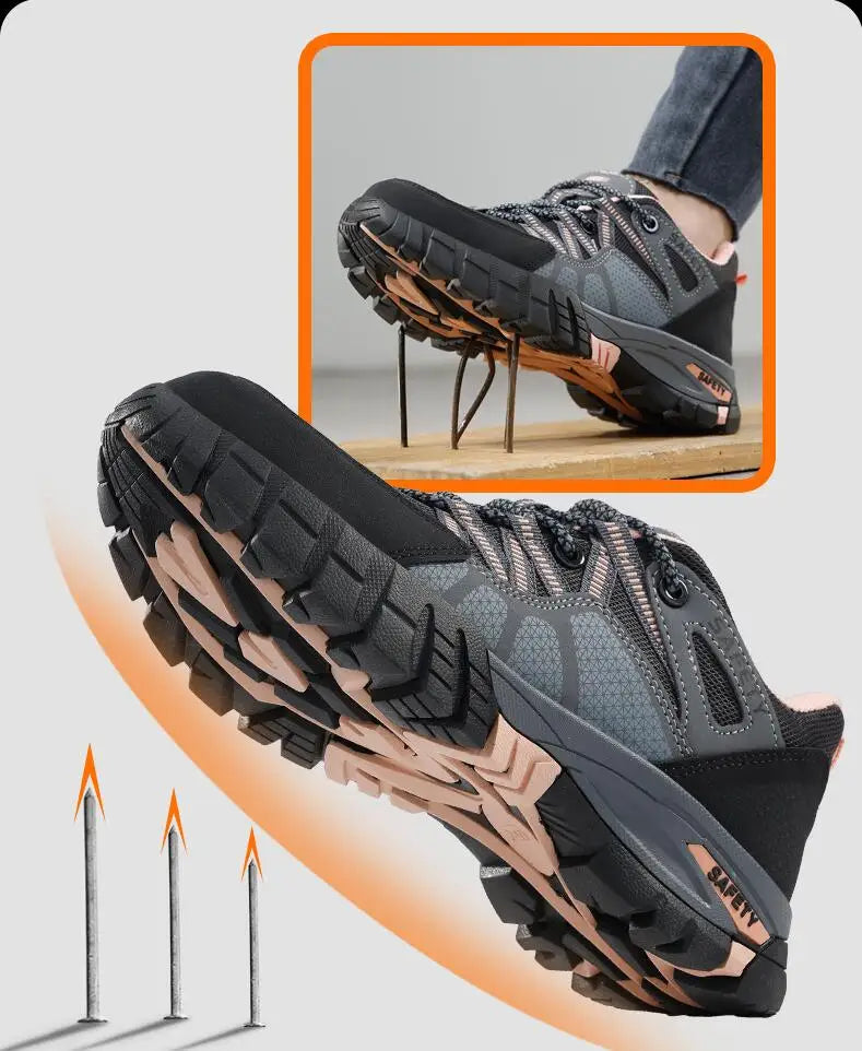 Safety Shoes for Women,Lightweight Non Slip Work Shoes,Air Cushion Safety Sneakers for Work and Daily Wear Black/Pink