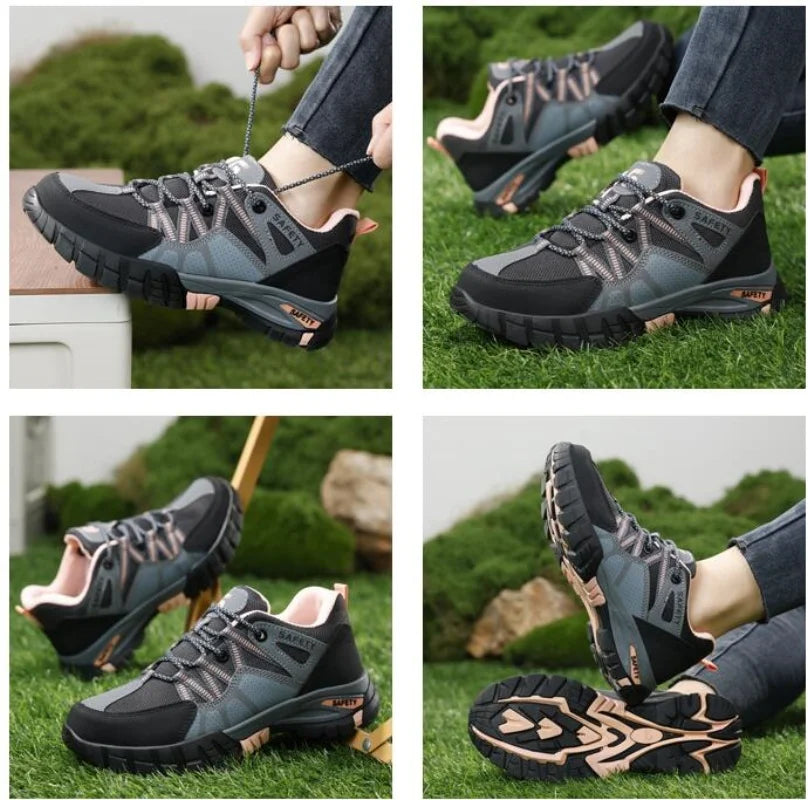 Safety Shoes for Women,Lightweight Non Slip Work Shoes,Air Cushion Safety Sneakers for Work and Daily Wear Black/Pink