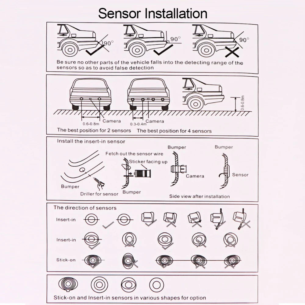 Car Reverse Radar Kit 12VDC Vehicle Parking Sensor System 4 Sensors Backup Assist System with LED Distance Display Sound Warning