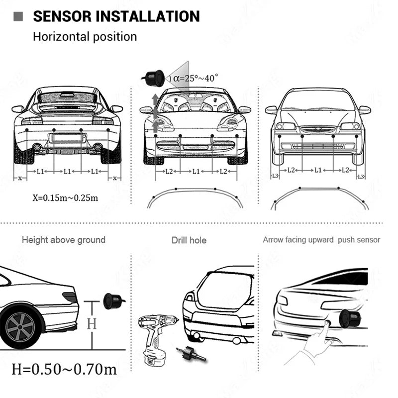 Car Reverse Radar Kit 12VDC Vehicle Parking Sensor System 4 Sensors Backup Assist System with LED Distance Display Sound Warning