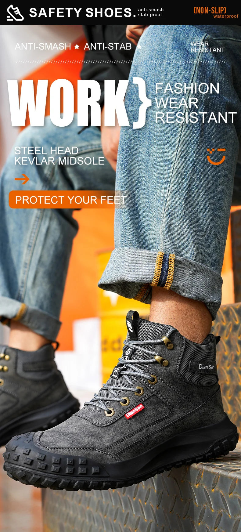 Men's Safety Work Boots Steel Toe Anti-smash Safety Shoes Wear-resisting Anti-Puncture Sole Fashionable Boots Forging Workshop