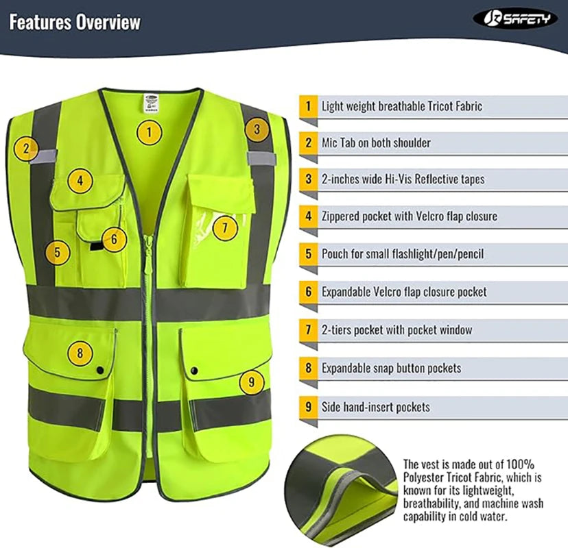 9 Pockets Class 2 High Visibility Zipper Front Safety Vest With Reflective Strips Yellow