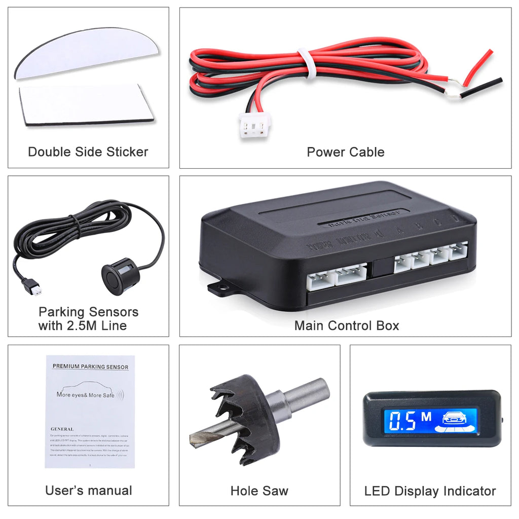 Car Reverse Radar Kit 12VDC Vehicle Parking Sensor System 4 Sensors Backup Assist System with LED Distance Display Sound Warning