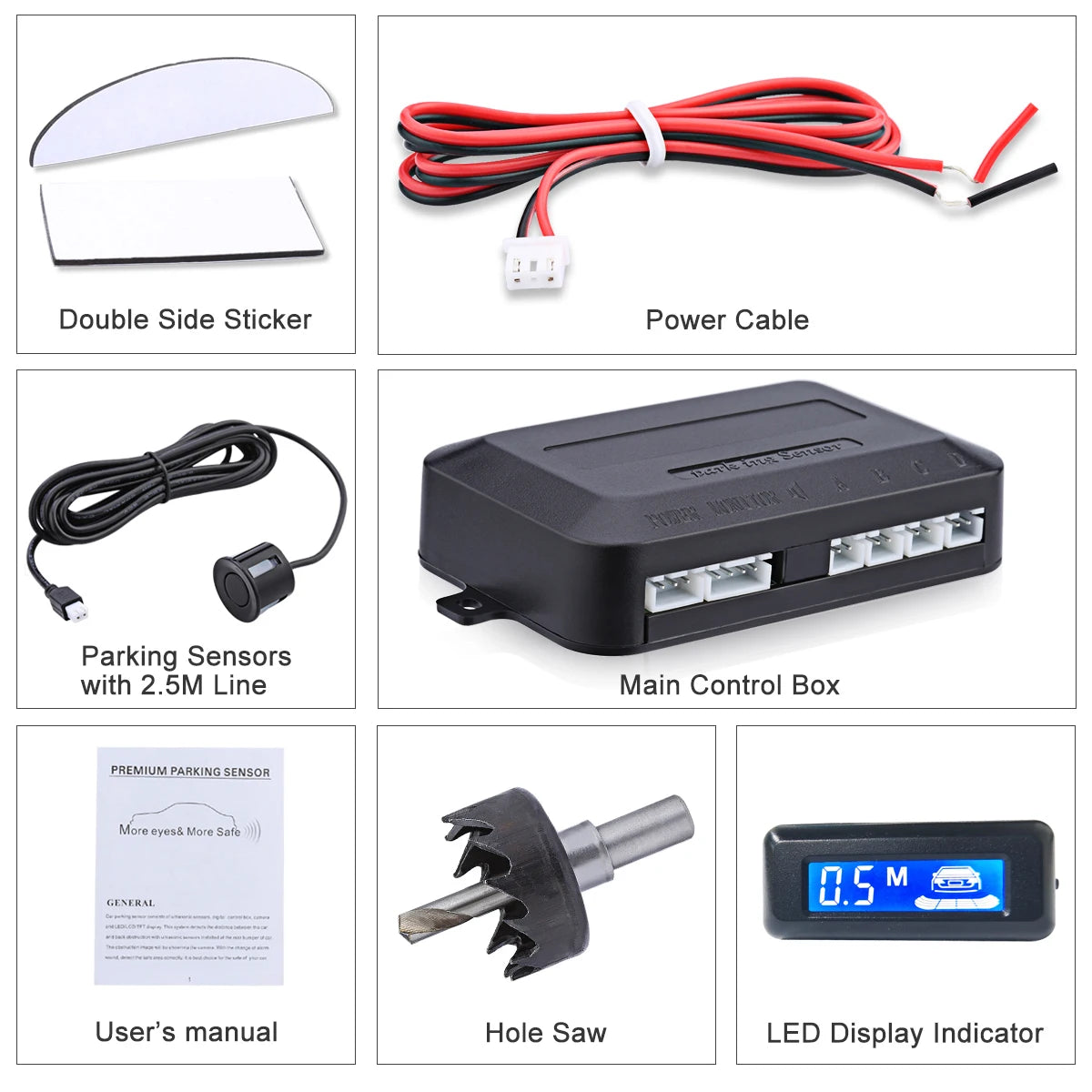 Car Reverse Radar Kit 12VDC Vehicle Parking Sensor System 4 Sensors Backup Assist System with LED Distance Display Sound Warning