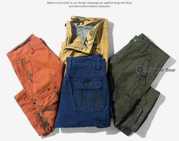 Summer Men's Cargo Shorts Baggy Straight Knee Length Pants Multi-Pocket Khaki Work 100%Cotton Camouflage Twill Short Belt Gift