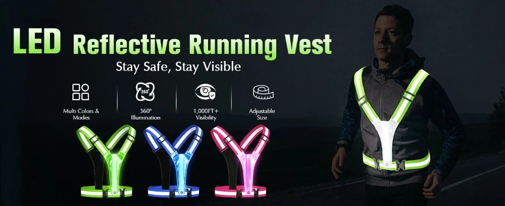 LED Reflective Vest Running Gear USB Rechargeable LED Light Up Vest High Visibility Running Lights for Jogging Running Walking
