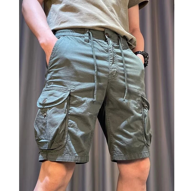 Men Cargo Shorts Drawstring Multi-Pocket Casual Loose Bermuda Shorts Summer Streetwear Cotton Blend Outdoor Hiking Short Pants