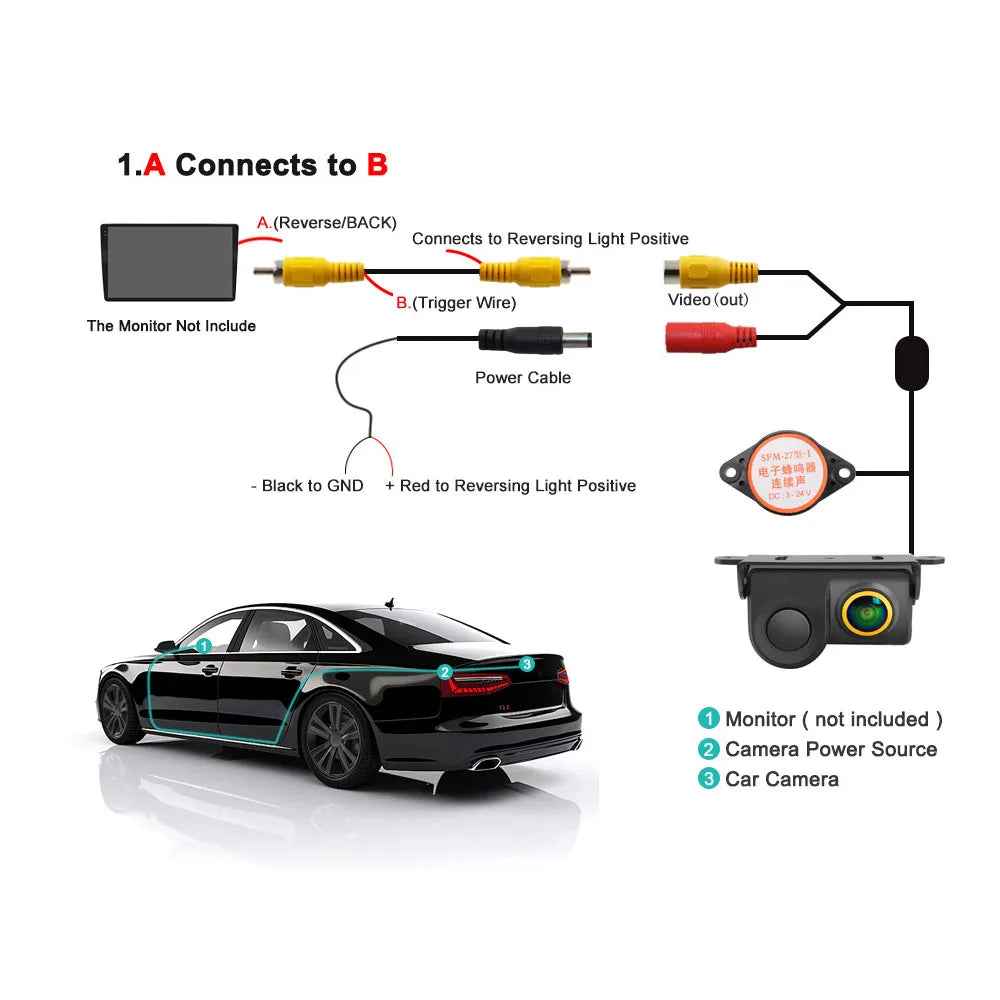 QMKJ HD 1080P Golden Lens Car Radar and Rear View Camera Rear Radar Sensor Early Warning Detector Car Rearview Vehicle Camera