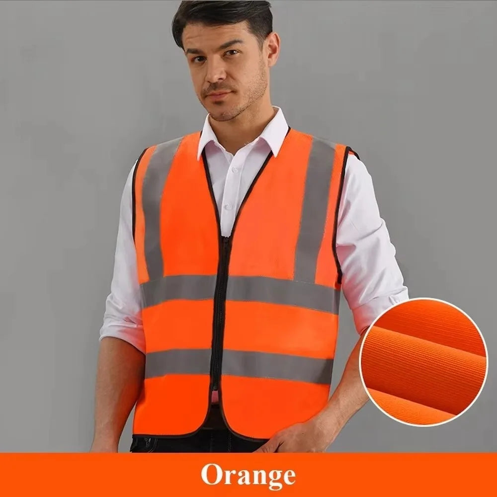 Durable High Visibility Safety Vest Front Reflective Strips Zipper Workwear Uniforms Security Guard Vest Warehouse