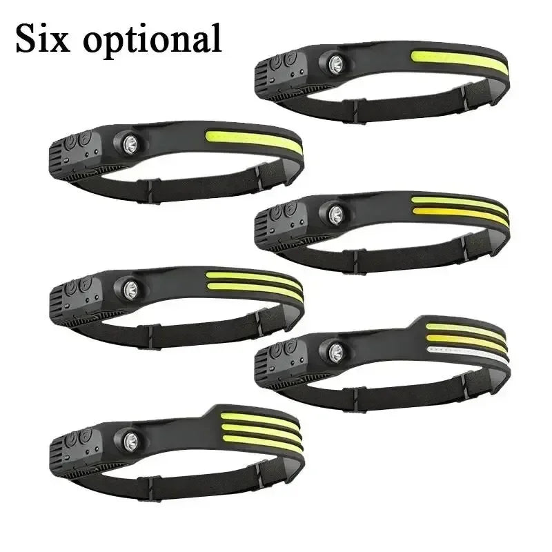 Outdoor Head Lamp with 230 Degree Wide Beam 5 Lighting Modes Motion Sensor IPX4 Waterproof Rechargeable Design Jogging Fishing
