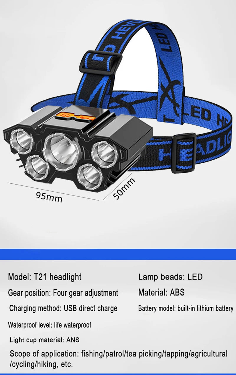 USB Rechargeable Led Five-Head Headlamp Super Bright 18650 Built-in Battery Headlight Portable Head Flashlight Fishing Lantern