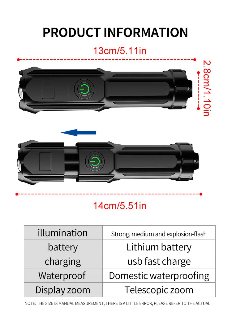 LED Flashlight Strong Light Rechargeable Waterproof Multi Functional Light For Outdoor Camping Fishing Work Lighting Flashlight