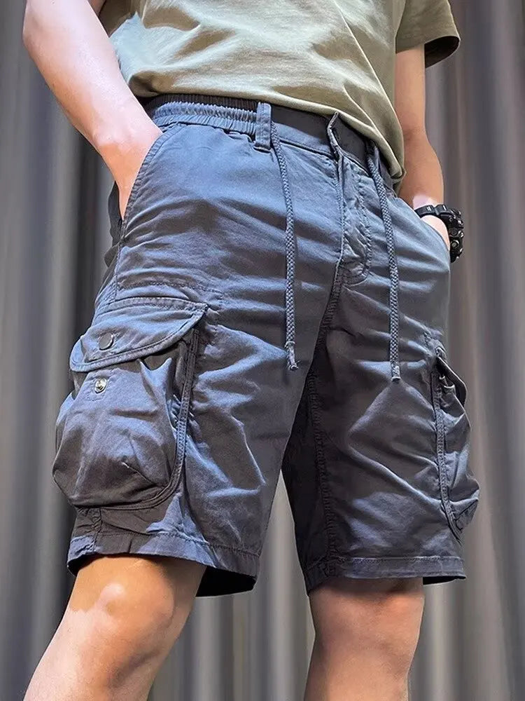 Men Cargo Shorts Drawstring Multi-Pocket Casual Loose Bermuda Shorts Summer Streetwear Cotton Blend Outdoor Hiking Short Pants