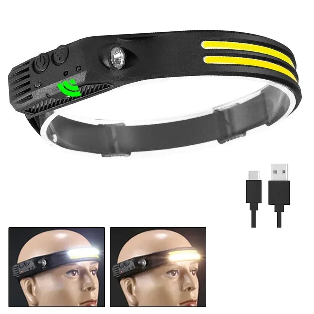 Outdoor Head Lamp with 230 Degree Wide Beam 5 Lighting Modes Motion Sensor IPX4 Waterproof Rechargeable Design Jogging Fishing