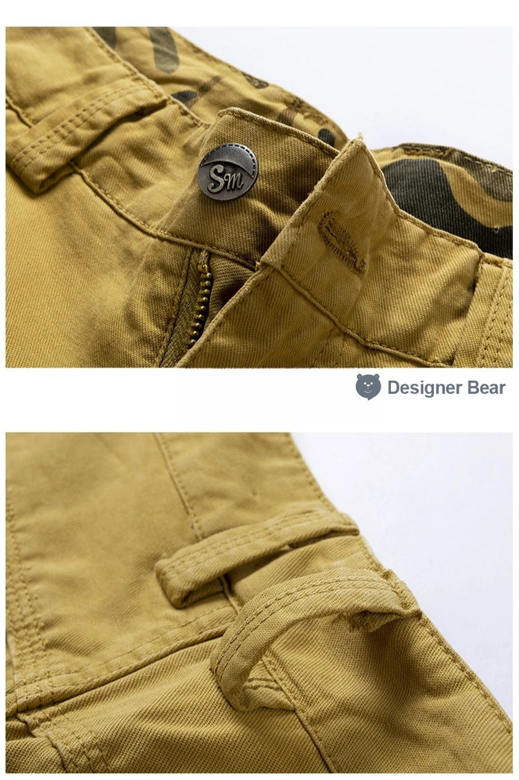 Summer Men's Cargo Shorts Baggy Straight Knee Length Pants Multi-Pocket Khaki Work 100%Cotton Camouflage Twill Short Belt Gift