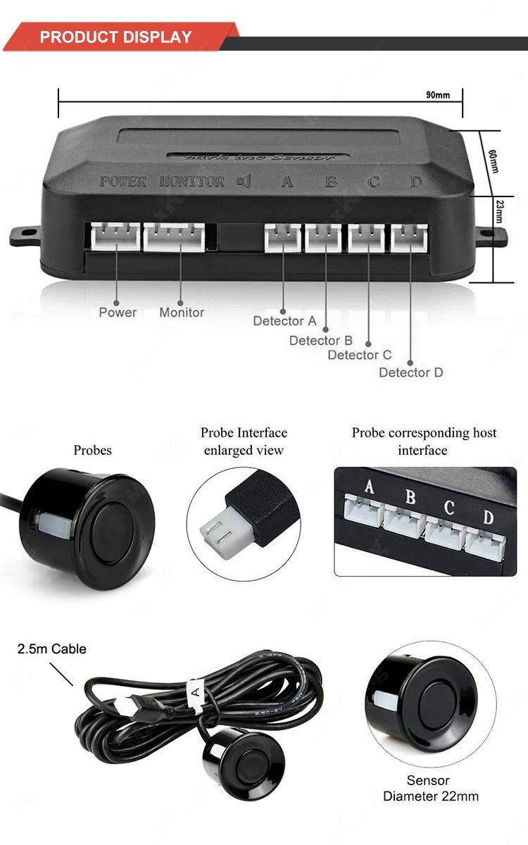Car Reverse Radar Kit 12VDC Vehicle Parking Sensor System 4 Sensors Backup Assist System with LED Distance Display Sound Warning
