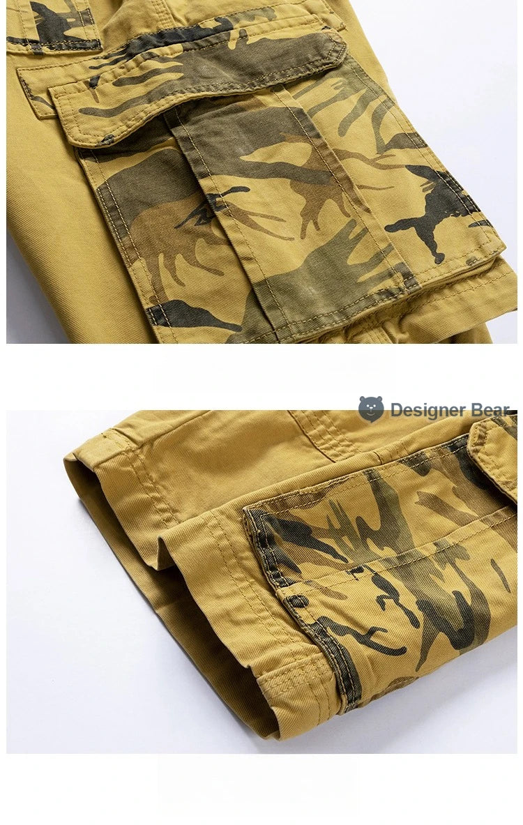 Summer Men's Cargo Shorts Baggy Straight Knee Length Pants Multi-Pocket Khaki Work 100%Cotton Camouflage Twill Short Belt Gift