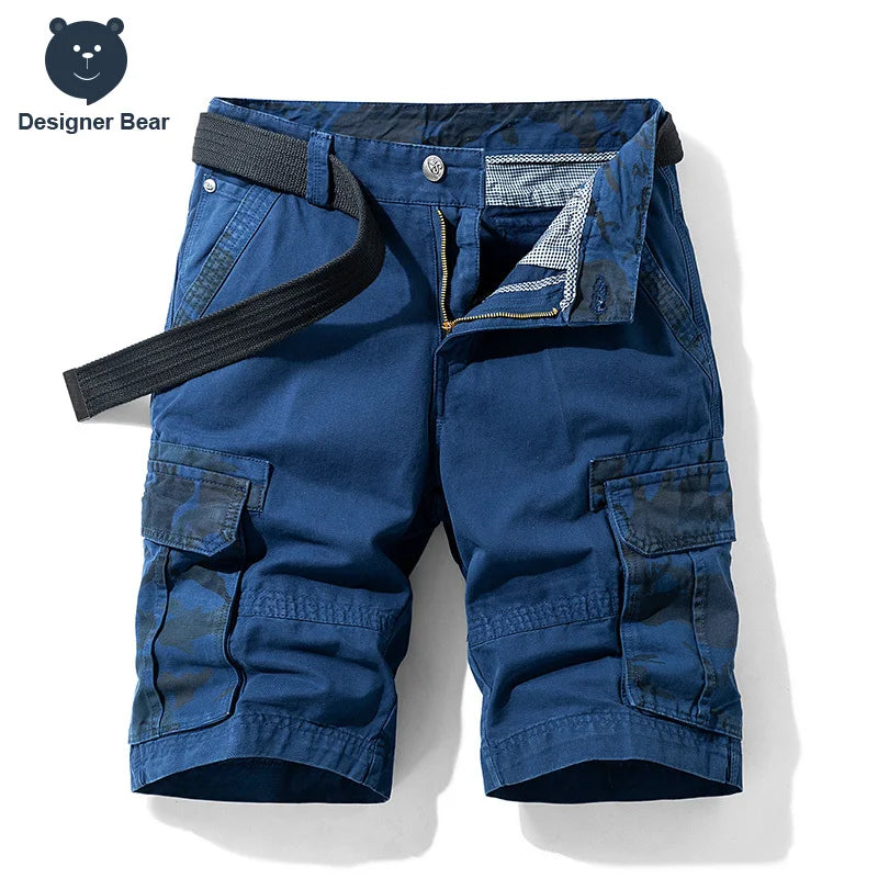 Summer Men's Cargo Shorts Baggy Straight Knee Length Pants Multi-Pocket Khaki Work 100%Cotton Camouflage Twill Short Belt Gift