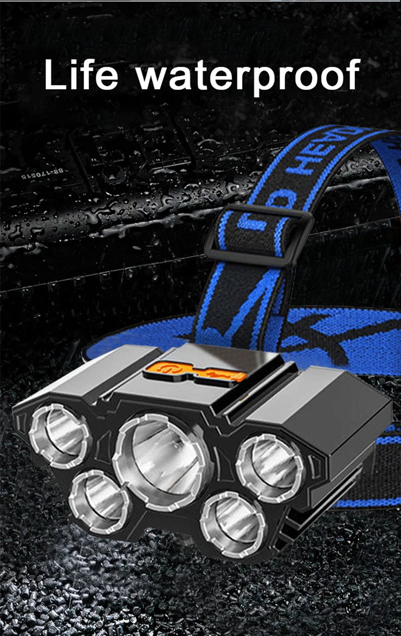 USB Rechargeable Led Five-Head Headlamp Super Bright 18650 Built-in Battery Headlight Portable Head Flashlight Fishing Lantern