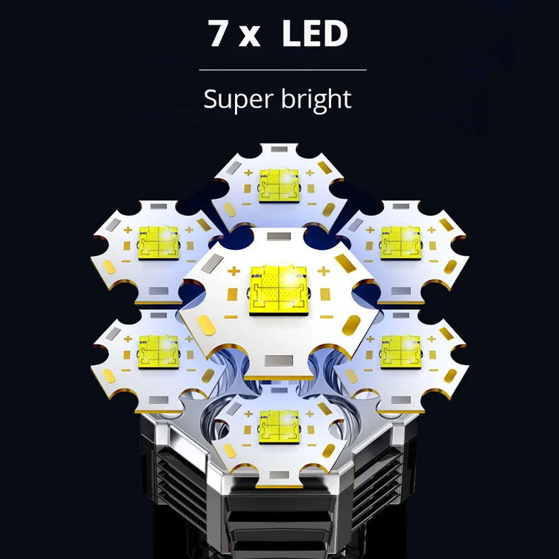 7LED Flashlight 4 Lighting Mode IPX4 Waterproof 4-Level Brightness Adjustable with Power Indicator for Hiking Emergency Survival