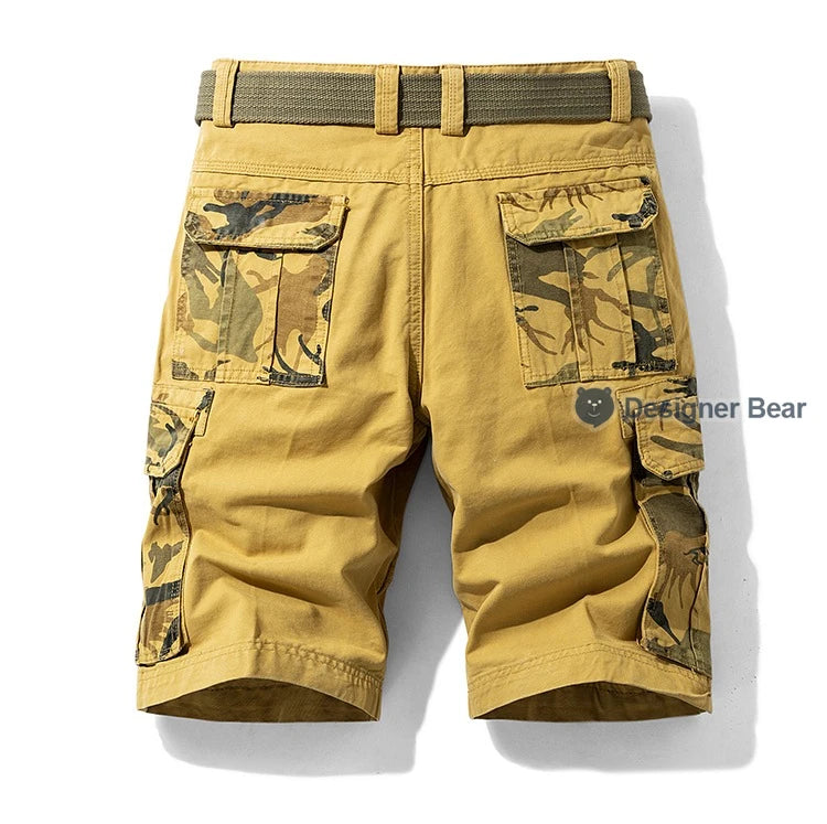 Summer Men's Cargo Shorts Baggy Straight Knee Length Pants Multi-Pocket Khaki Work 100%Cotton Camouflage Twill Short Belt Gift
