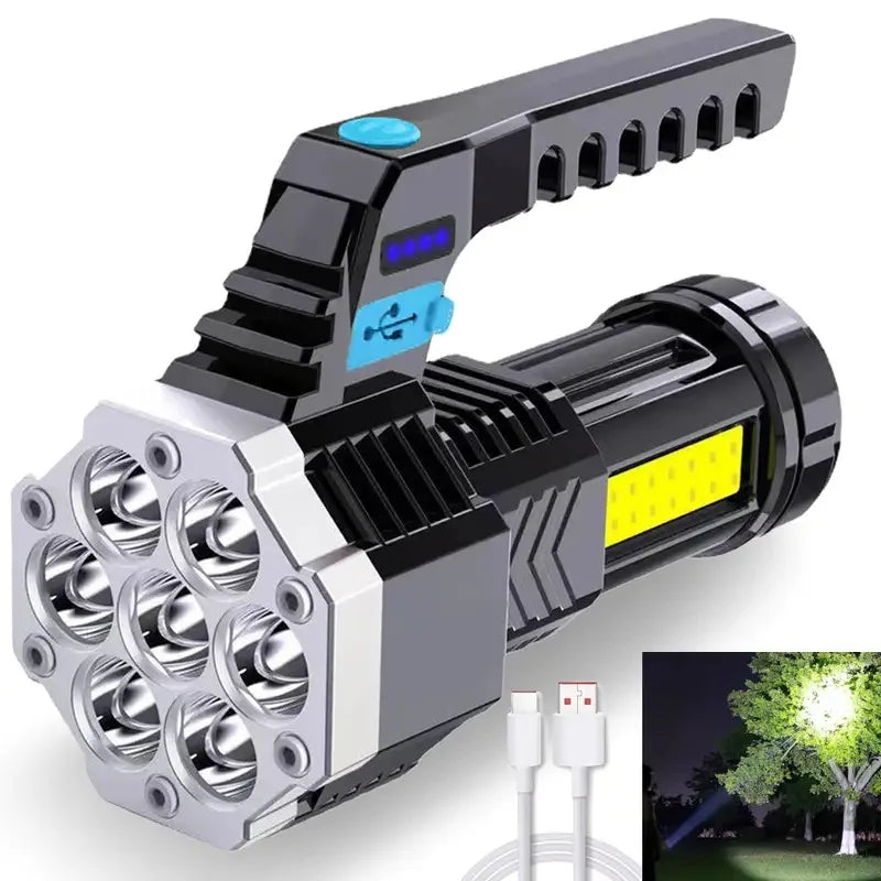 7LED Flashlight 4 Lighting Mode IPX4 Waterproof 4-Level Brightness Adjustable with Power Indicator for Hiking Emergency Survival
