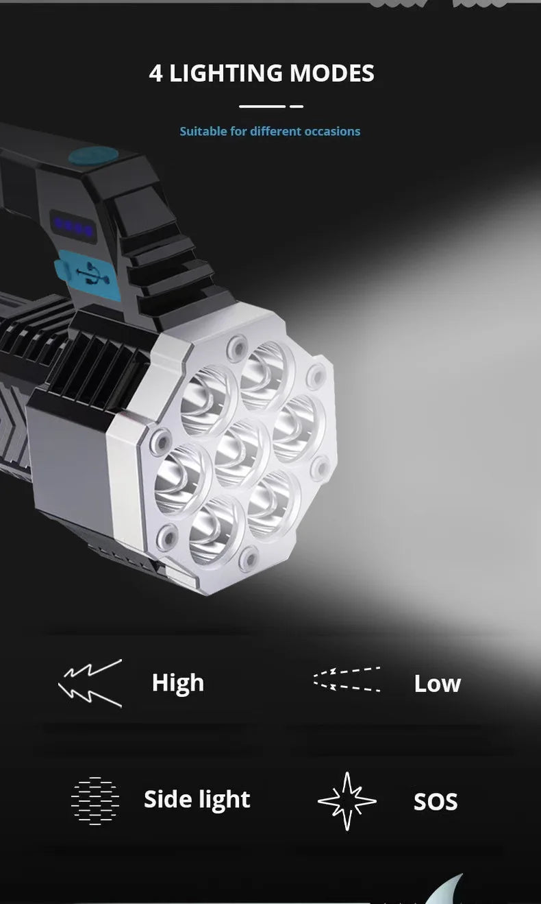 7LED Flashlight 4 Lighting Mode IPX4 Waterproof 4-Level Brightness Adjustable with Power Indicator for Hiking Emergency Survival