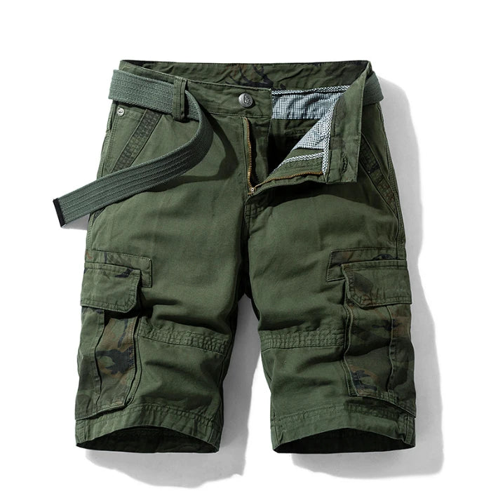 Summer Men's Cargo Shorts Baggy Straight Knee Length Pants Multi-Pocket Khaki Work 100%Cotton Camouflage Twill Short Belt Gift