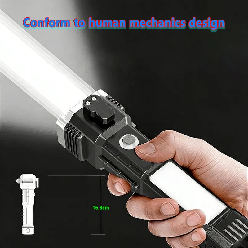 Led Flashlight with Safety Hammer Work Light Emergency Self-Rescue Broken Window Torch USB Rechargeable Tactical Light Lantern